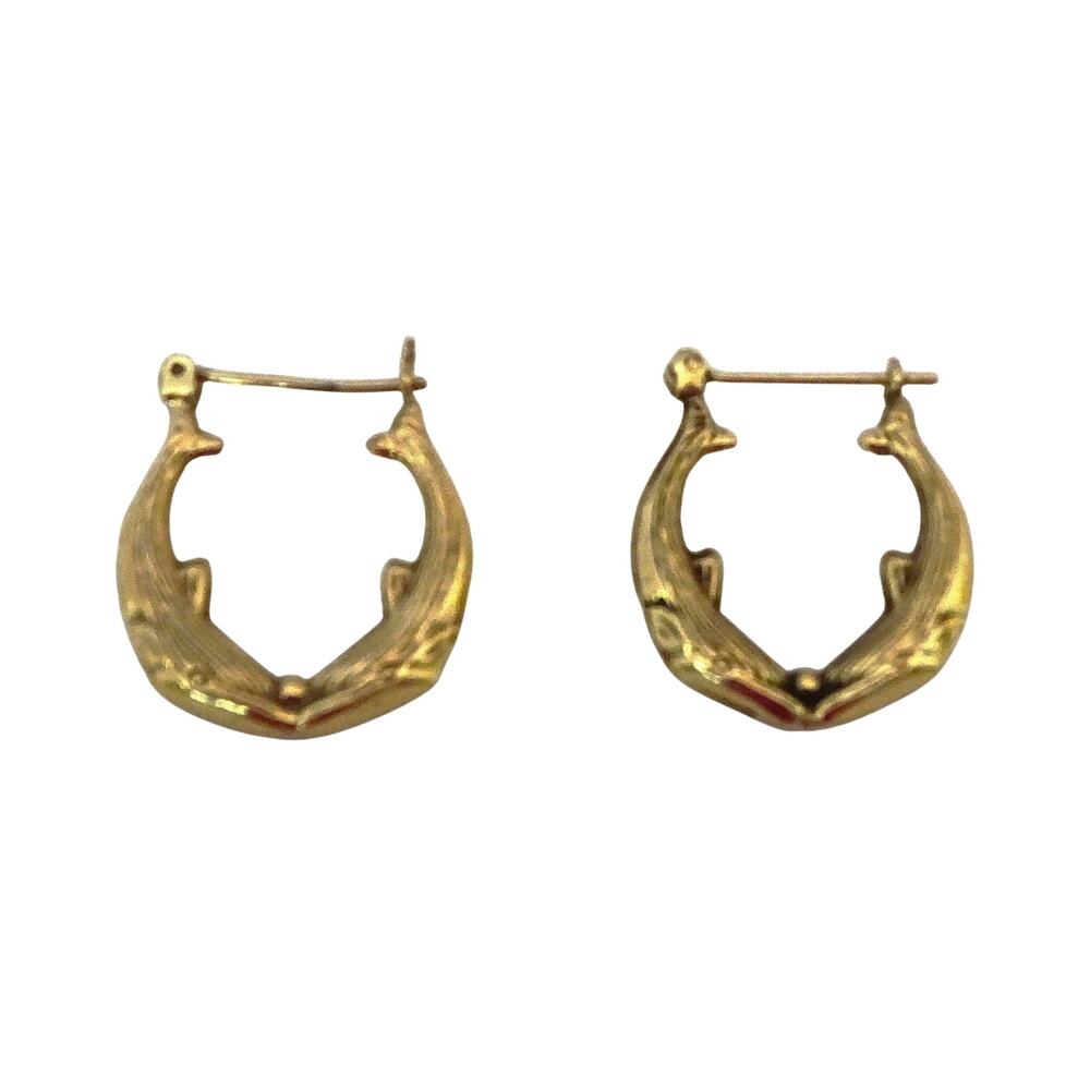 14K Solid Gold Kissing Dolphin Hoop Earrings • Vintage 2g